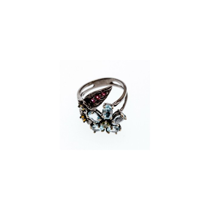 925 BLACKENED SILVER TOPAZ, GARNET, PERIDOT & OPAL RING SIZE 8