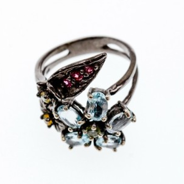 925 Blackened Silver Topaz, Garnet, Peridot & Opal Ring Size 8