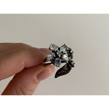 925 BLACKENED SILVER TOPAZ, GARNET, PERIDOT & OPAL RING SIZE 8