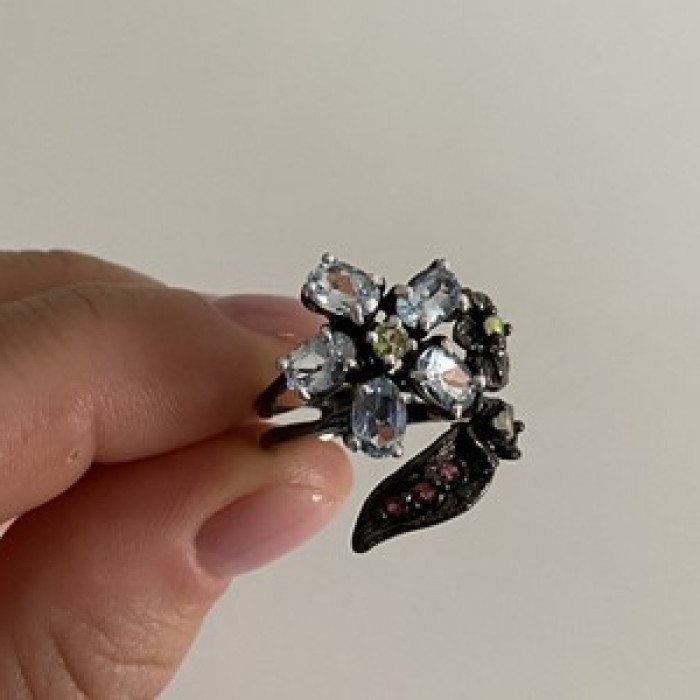 925 Blackened Silver Topaz, Garnet, Peridot & Opal Ring Size 8