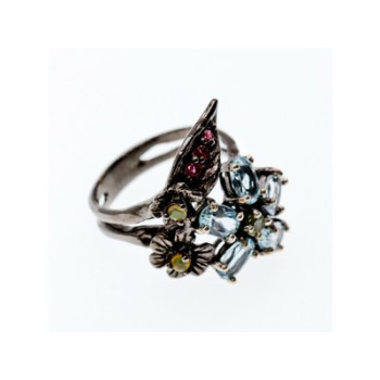 925 BLACKENED SILVER TOPAZ, GARNET, PERIDOT & OPAL RING SIZE 8