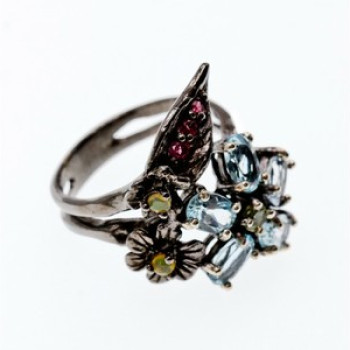 925 Blackened Silver Topaz, Garnet, Peridot & Opal Ring Size 8