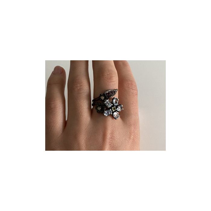 925 BLACKENED SILVER TOPAZ, GARNET, PERIDOT & OPAL RING SIZE 8