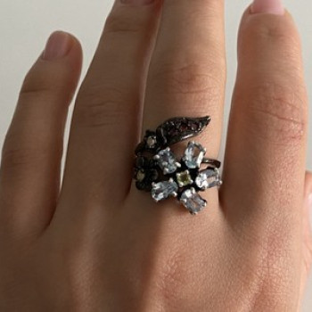 925 Blackened Silver Topaz, Garnet, Peridot & Opal Ring Size 8