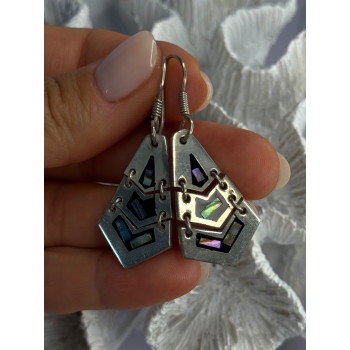 Vintage 925 Sterling Silver Onyx & Abalone Earrings Length 1.90 Inch