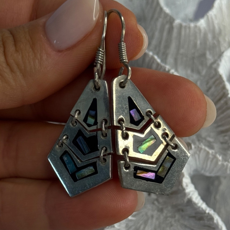 Vintage 925 Sterling Silver Onyx & Abalone Earrings Length 1.90 Inch