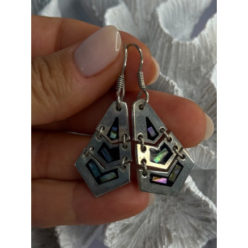 Vintage 925 Sterling Silver Onyx & Abalone Earrings Length 1.90 Inch