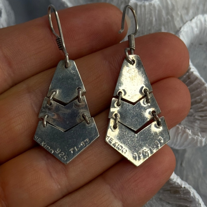 Vintage 925 Sterling Silver Onyx & Abalone Earrings Length 1.90 Inch