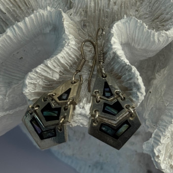 Vintage 925 Sterling Silver Onyx & Abalone Earrings Length 1.90 Inch