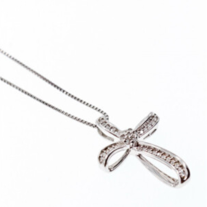 925 Sterling Silver White Topaz Chain With Cross Italy