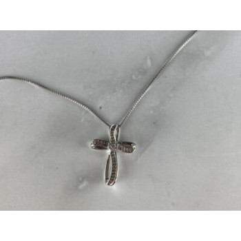 925 Sterling Silver White Topaz Chain With Cross Italy