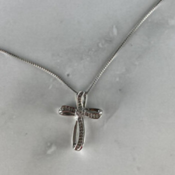 925 Sterling Silver White Topaz Chain With Cross Italy