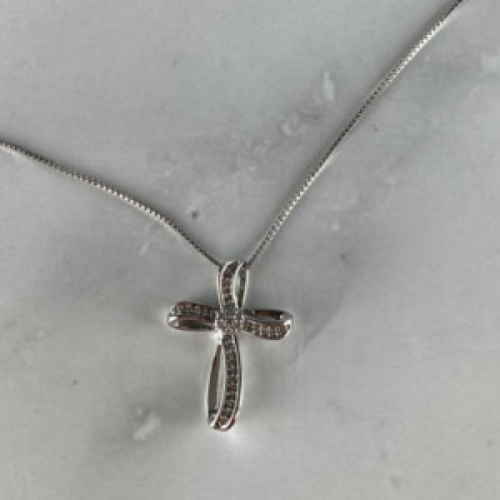 925 Sterling Silver White Topaz Chain With Cross Italy