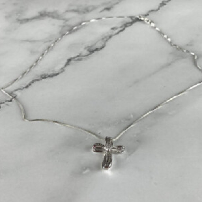 925 Sterling Silver White Topaz Chain With Cross Italy