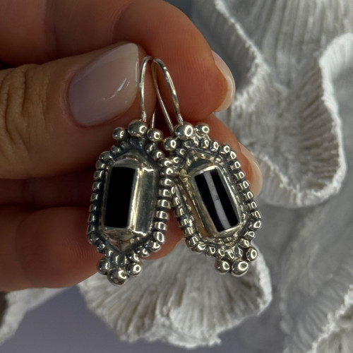 Vintage 925 Sterling Silver Onyx Earrings Length 1.50 Inch