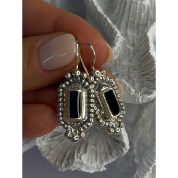 Vintage 925 Sterling Silver Onyx Earrings Length 1.50 Inch