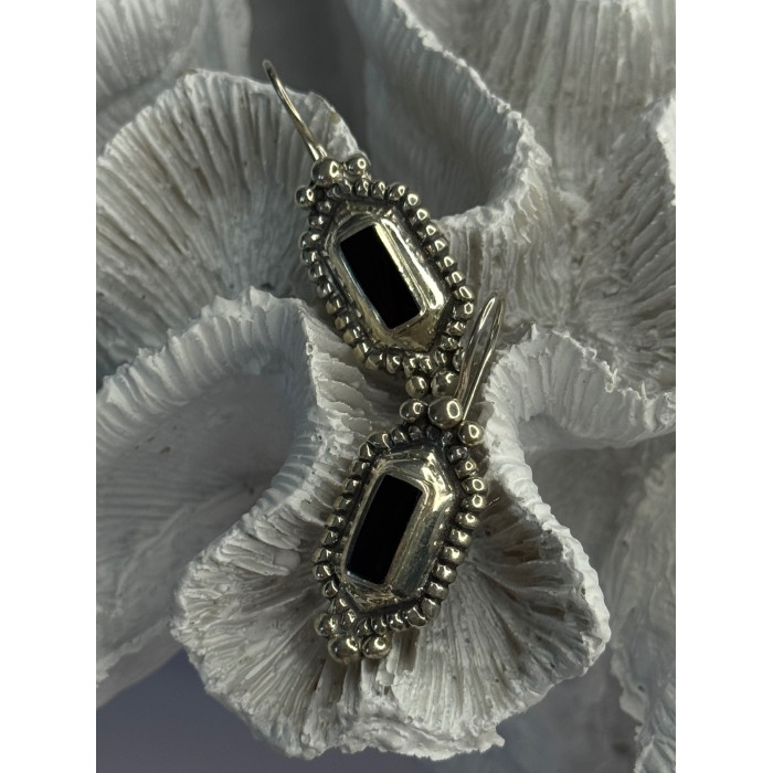 Vintage 925 Sterling Silver Onyx Earrings Length 1.50 Inch