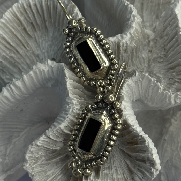 Vintage 925 Sterling Silver Onyx Earrings Length 1.50 Inch