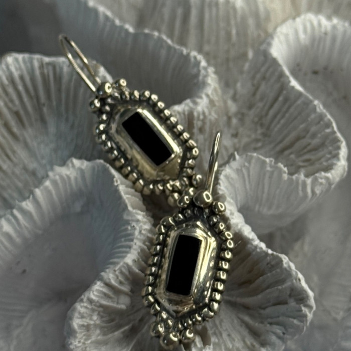 Vintage 925 Sterling Silver Onyx Earrings Length 1.50 Inch