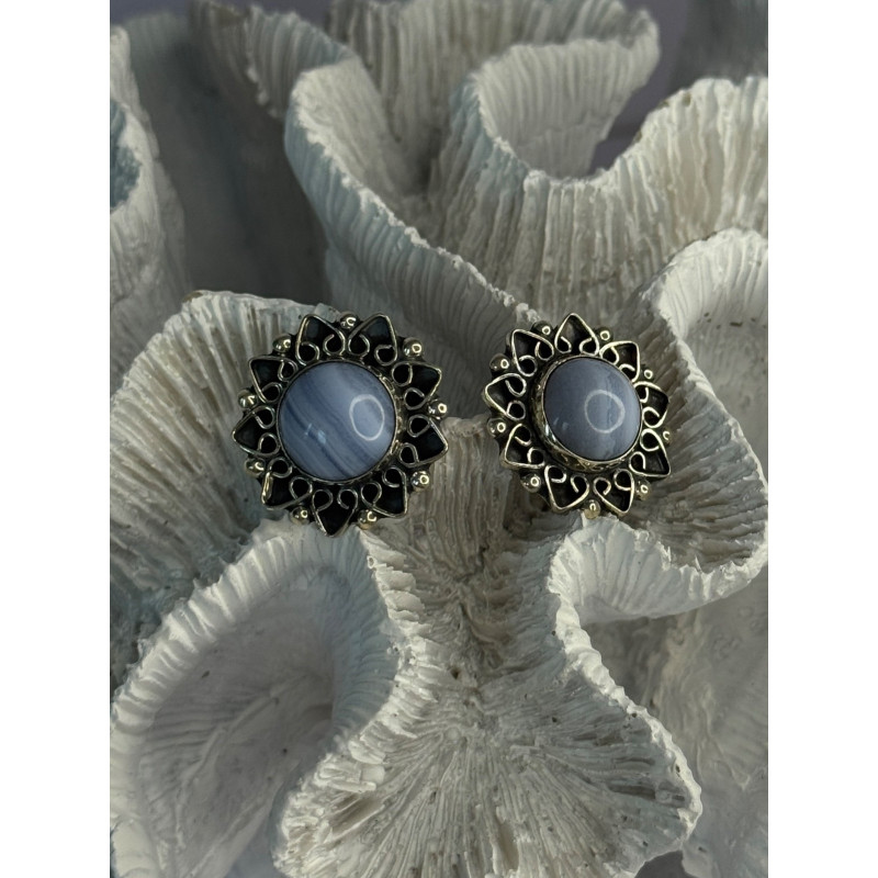 925 Sterling Silver Blue Agate Sun Earrings Length 0.90 Inch