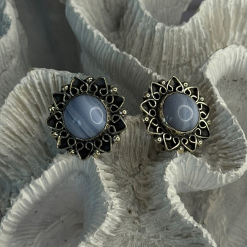925 Sterling Silver Blue Agate Sun Earrings Length 0.90 Inch
