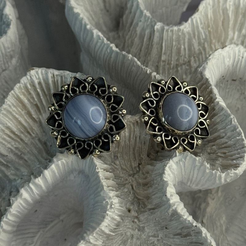 925 Sterling Silver Blue Agate Sun Earrings Length 0.90 Inch