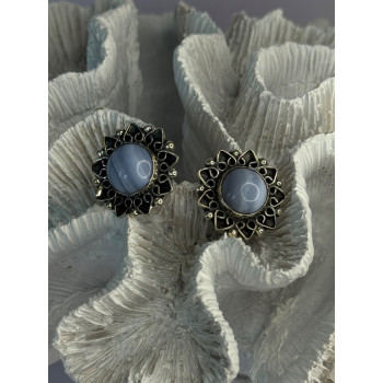 925 Sterling Silver Blue Agate Sun Earrings Length 0.90 Inch