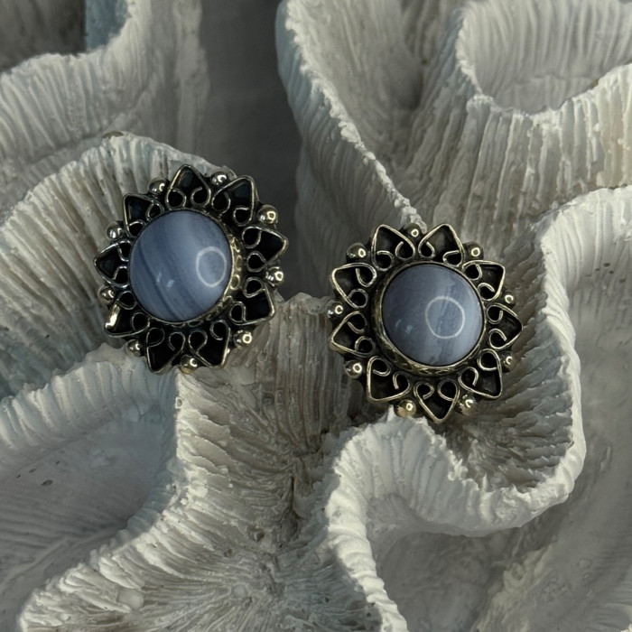 925 Sterling Silver Blue Agate Sun Earrings Length 0.90 Inch