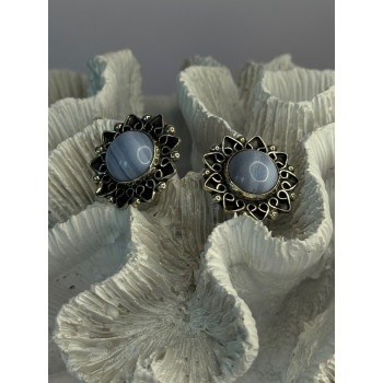 925 Sterling Silver Blue Agate Sun Earrings Length 0.90 Inch