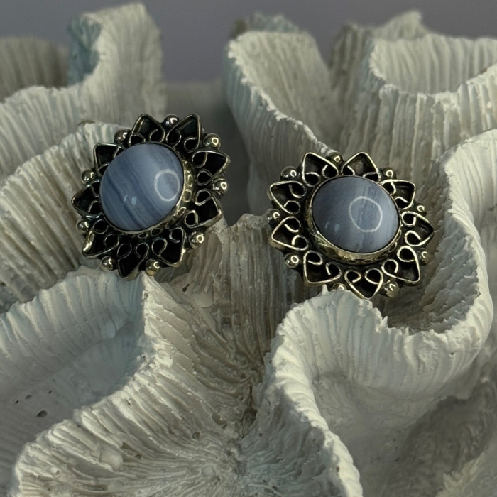 925 Sterling Silver Blue Agate Sun Earrings Length 0.90 Inch
