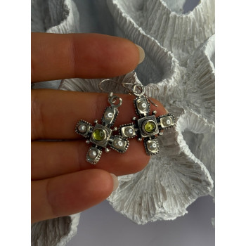 925 Sterling Silver Green Amber & Pearl Cross Earrings Length 1.50 Inch