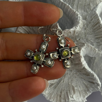 925 Sterling Silver Green Amber & Pearl Cross Earrings Length 1.50 Inch