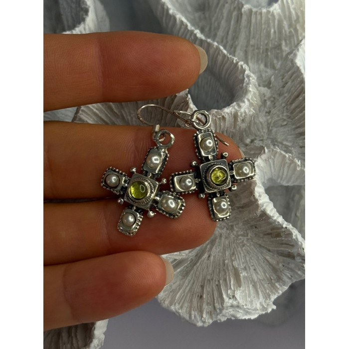 925 Sterling Silver Green Amber & Pearl Cross Earrings Length 1.50 Inch