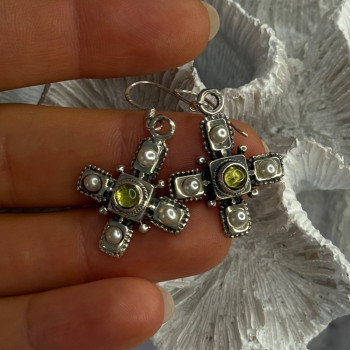 925 Sterling Silver Green Amber & Pearl Cross Earrings Length 1.50 Inch