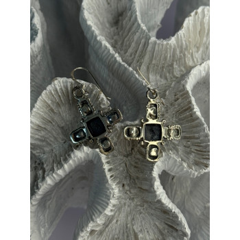 925 Sterling Silver Green Amber & Pearl Cross Earrings Length 1.50 Inch