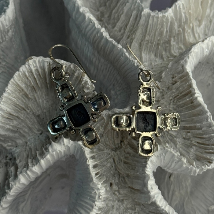 925 Sterling Silver Green Amber & Pearl Cross Earrings Length 1.50 Inch