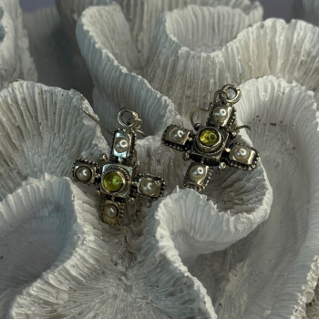 925 Sterling Silver Green Amber & Pearl Cross Earrings Length 1.50 Inch
