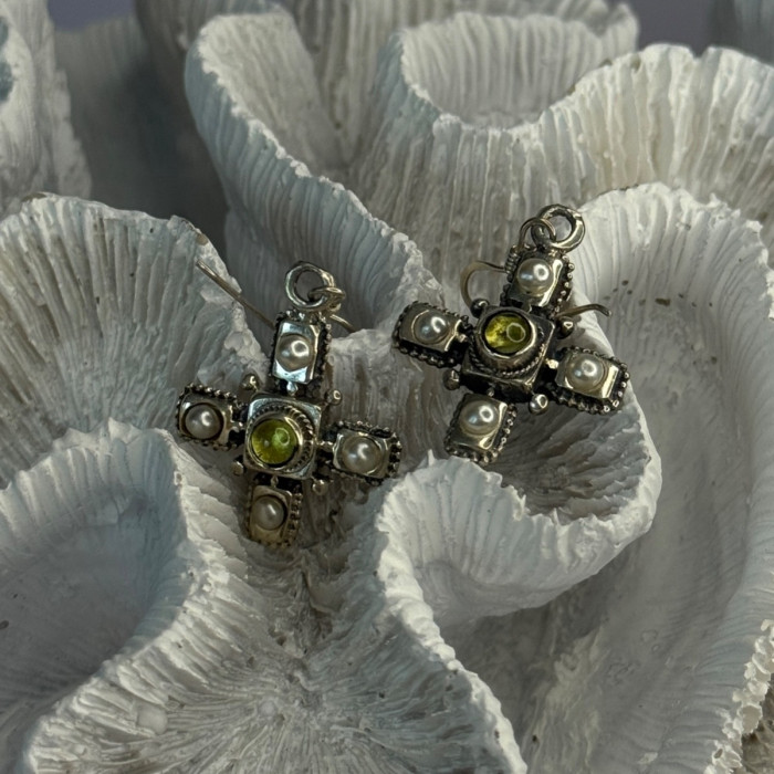 925 Sterling Silver Green Amber & Pearl Cross Earrings Length 1.50 Inch