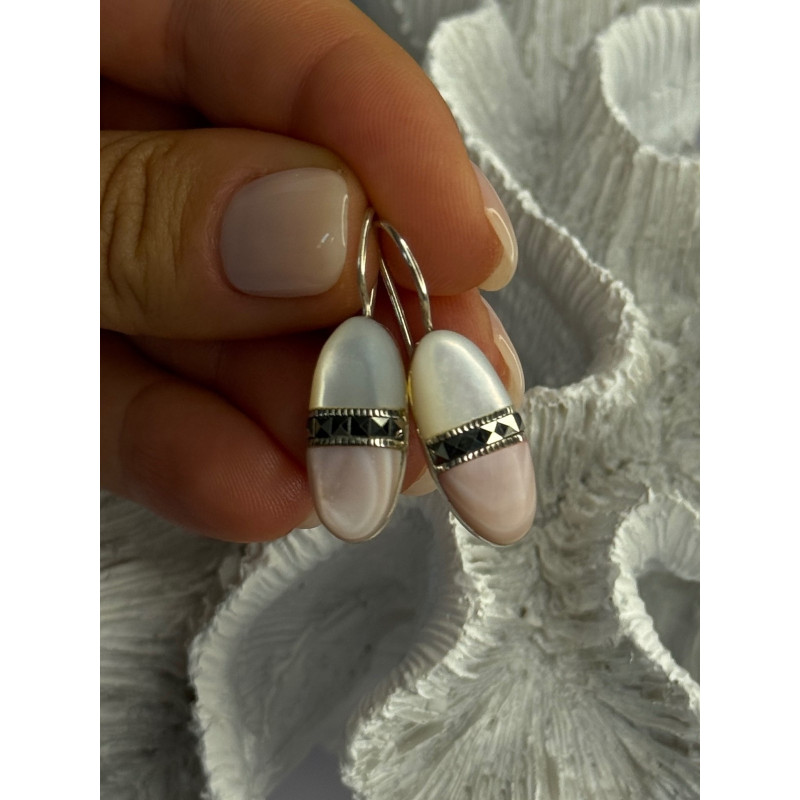 925 Sterling Silver Abalone & Marcasite Earrings Length 1.25 Inch