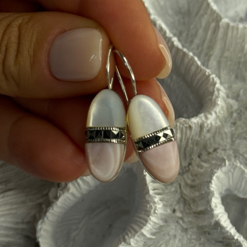 925 Sterling Silver Abalone & Marcasite Earrings Length 1.25 Inch