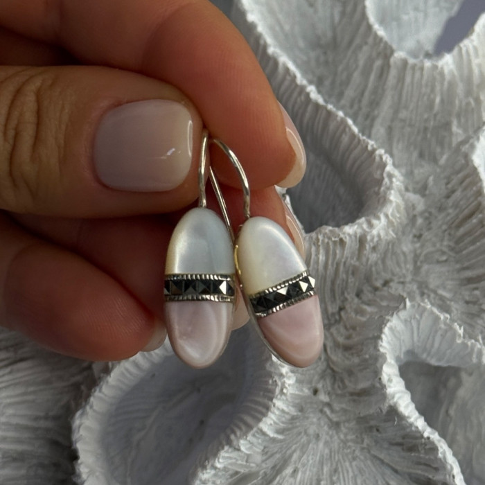 925 Sterling Silver Abalone & Marcasite Earrings Length 1.25 Inch