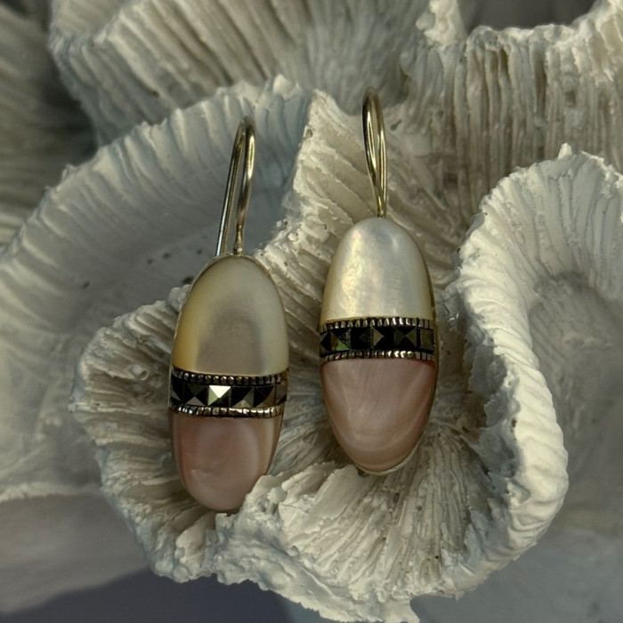 925 Sterling Silver Abalone & Marcasite Earrings Length 1.25 Inch