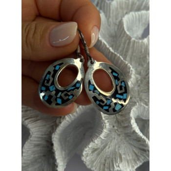 Vintage 925 Sterling Silver Onyx & Turquoise Earrings Length 1.90 Inch