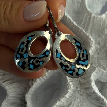 Vintage 925 Sterling Silver Onyx & Turquoise Earrings Length 1.90 Inch