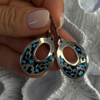 Vintage 925 Sterling Silver Onyx & Turquoise Earrings Length 1.90 Inch