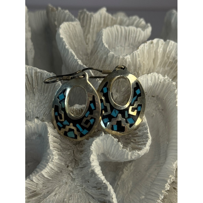 Vintage 925 Sterling Silver Onyx & Turquoise Earrings Length 1.90 Inch