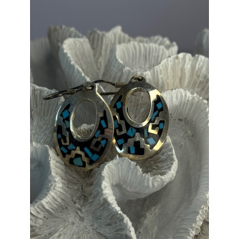 Vintage 925 Sterling Silver Onyx & Turquoise Earrings Length 1.90 Inch