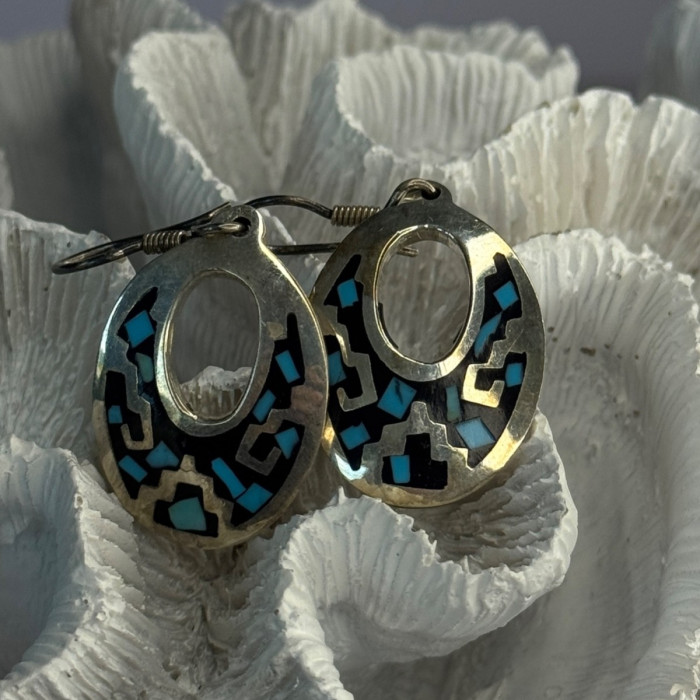 Vintage 925 Sterling Silver Onyx & Turquoise Earrings Length 1.90 Inch