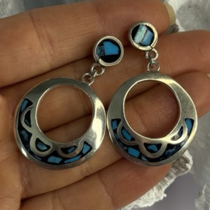 Vintage 925 Sterling Silver Turquoise Earrings Length 1.80 Inch