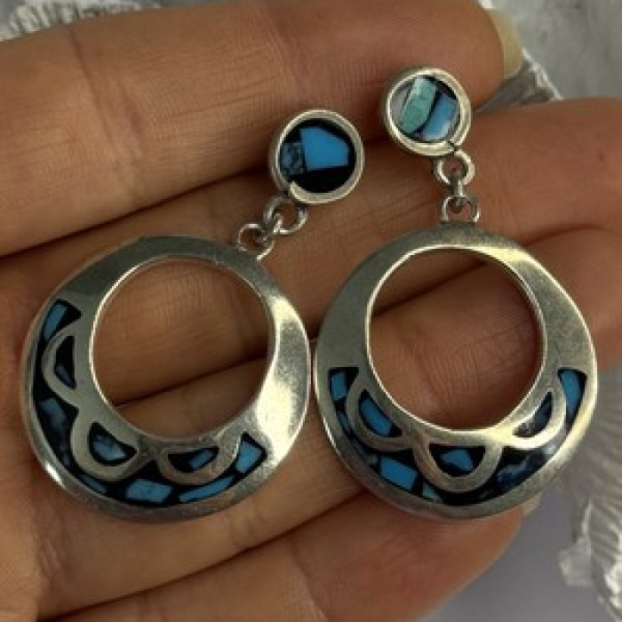 Vintage 925 Sterling Silver Turquoise Earrings Length 1.80 Inch
